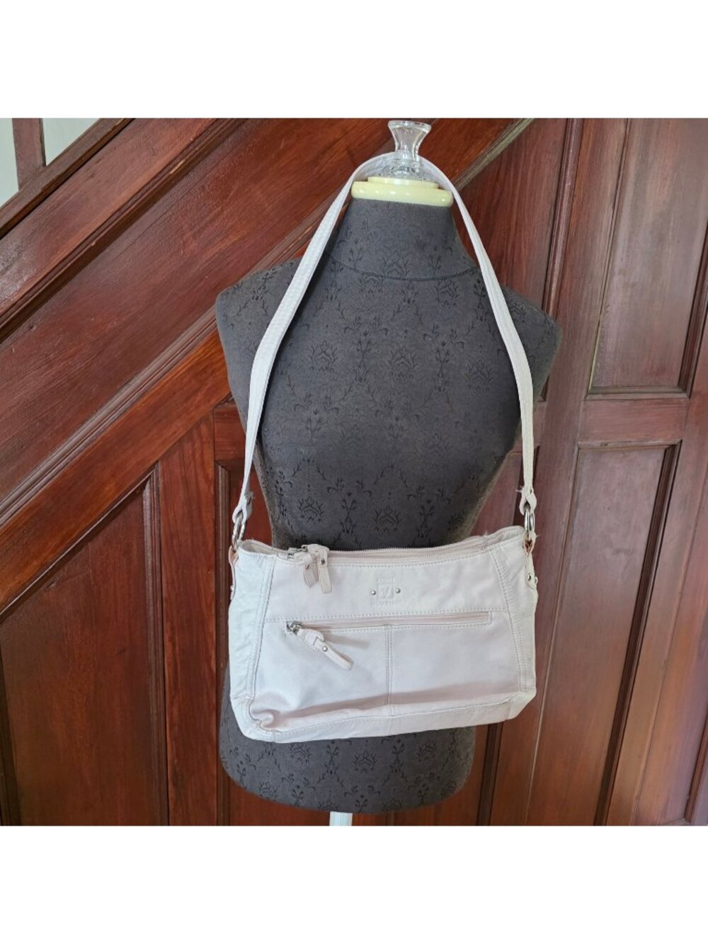 Stone Mountain Pale Pink Leather Crossbody Bag With Multiple Zipper Pockets